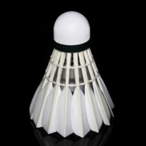 An image of a white badminton shuttlecock on a black background.
