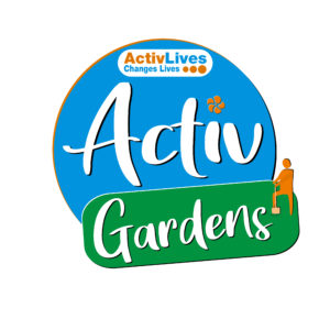 A blue circle background with the words Activ and a green box with the word gardens inside it make up the ActivGardens logo
