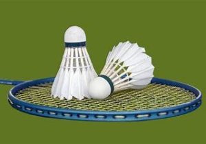 2 Badminton shuttlecocks rest of a blue badminton racquet