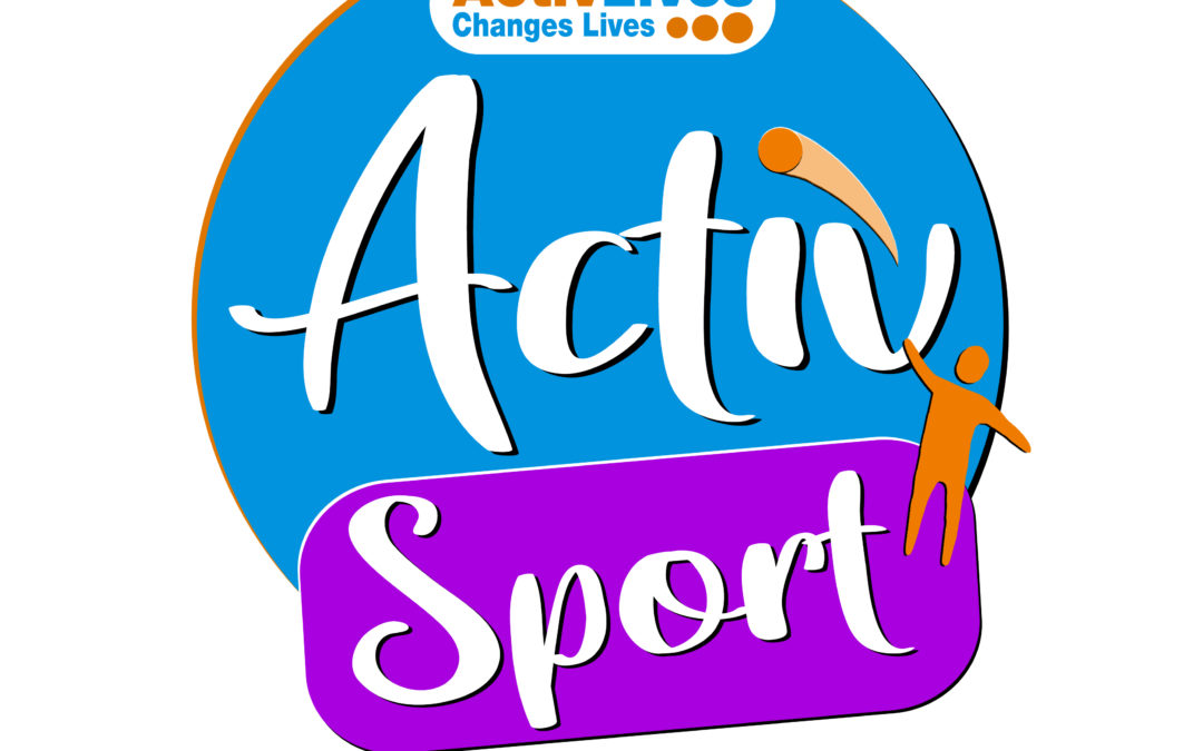 The ActivSport logo. A blue circle with the words active sita above an orange box with the word sport. A cartoon figure throws a ball on the right hand side of the logo