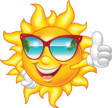 An image of a cartoon sun, it has a big smile and wears sun glasses, the sun also has arms and puts its thumb up towards the camera.