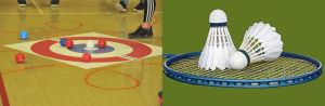 On the left is an image of some red and blue boccia balls on a a target and on the right is an image of a shuttlecock on a blue badminton racket.