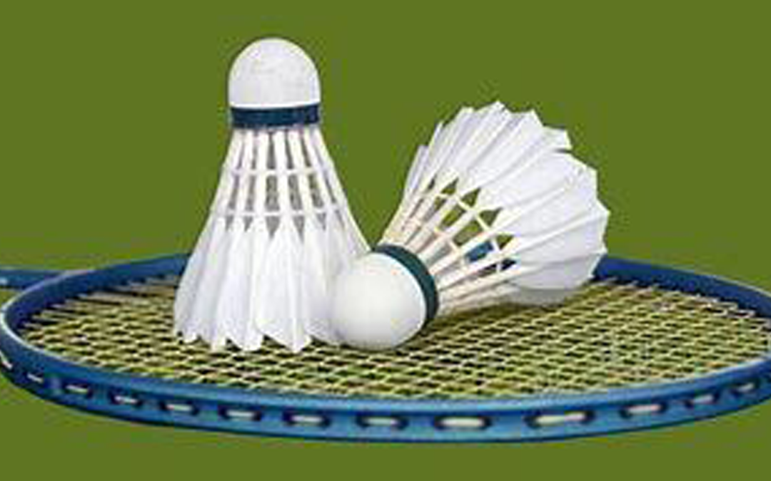 2 shuttlecocks rest on a blue badminton racket