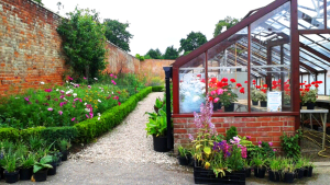 On the left of the image is a colourful flower bed with lots of flowers, a pathway runs down the centre of the image and on the right hand side there is a greenhouse.