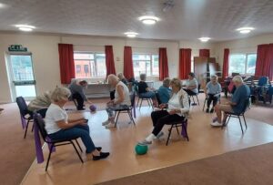 A group of participants doing a seated exercise with a ball